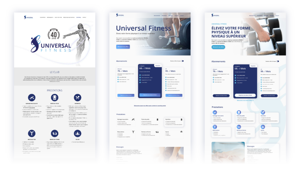 Evolution du design de la page d'accueil du site Universal Fitness